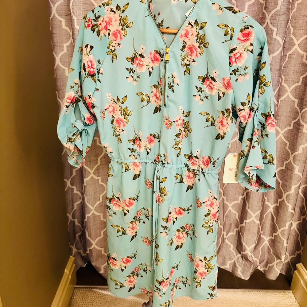 New Stella Tweed Aqua Dress with Pink Floral Design
